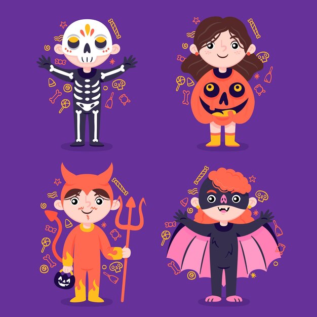 Hand drawn flat halloween kid collections