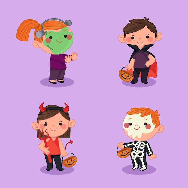 Hand drawn flat halloween kids collection