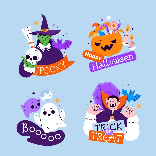 Hand drawn flat halloween labels collection