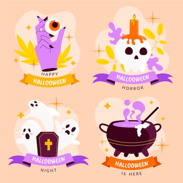 Hand drawn flat halloween labels collection