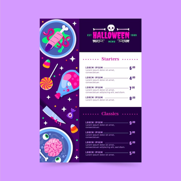 Free vector hand drawn flat halloween menu template