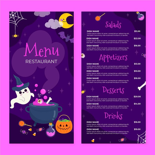 Hand drawn flat halloween menu template