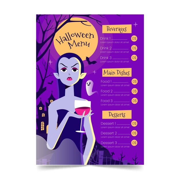 Hand drawn flat halloween menu template