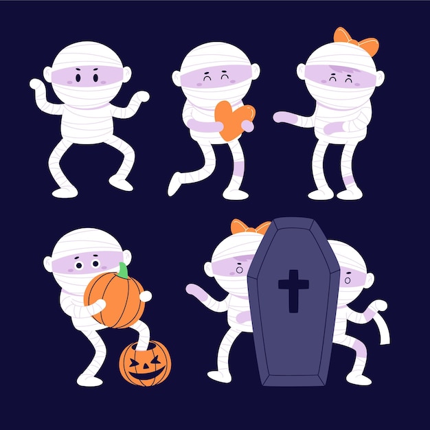 Free vector hand drawn flat halloween mummies collection