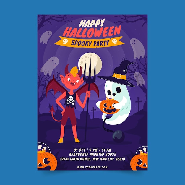 Hand drawn flat halloween party poster template