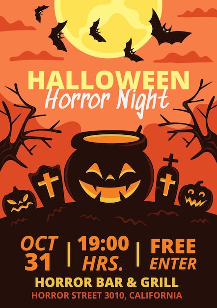 Hand drawn flat halloween party poster template