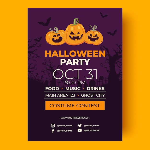 Hand drawn flat halloween party vertical flyer template