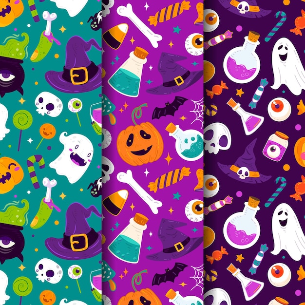 Hand drawn flat halloween patterns collection