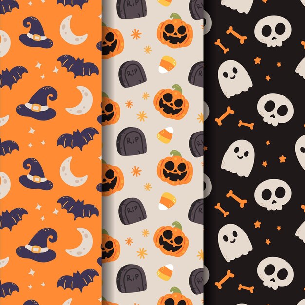 Hand drawn flat halloween patterns collection