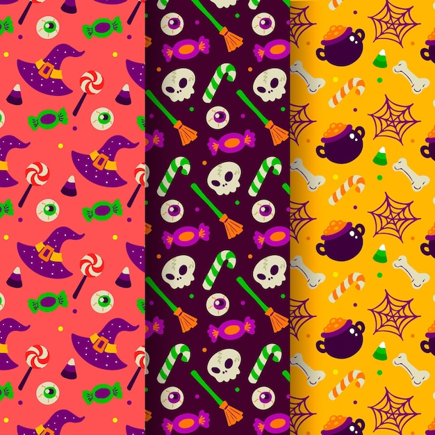 Hand drawn flat halloween patterns collection