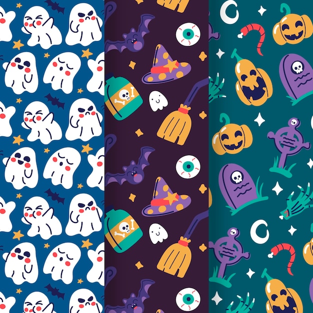 Hand drawn flat halloween patterns collection