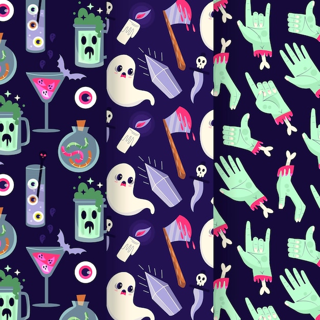 Free Vector hand drawn flat halloween patterns collection