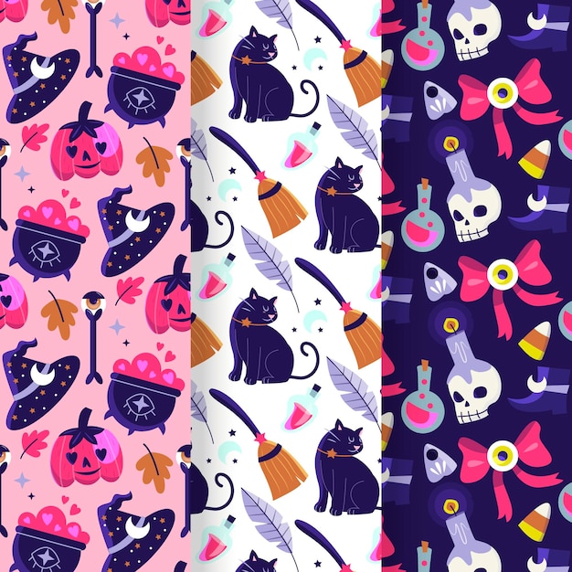 Hand drawn flat halloween patterns collection