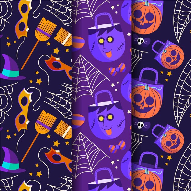 Hand drawn flat halloween patterns collection