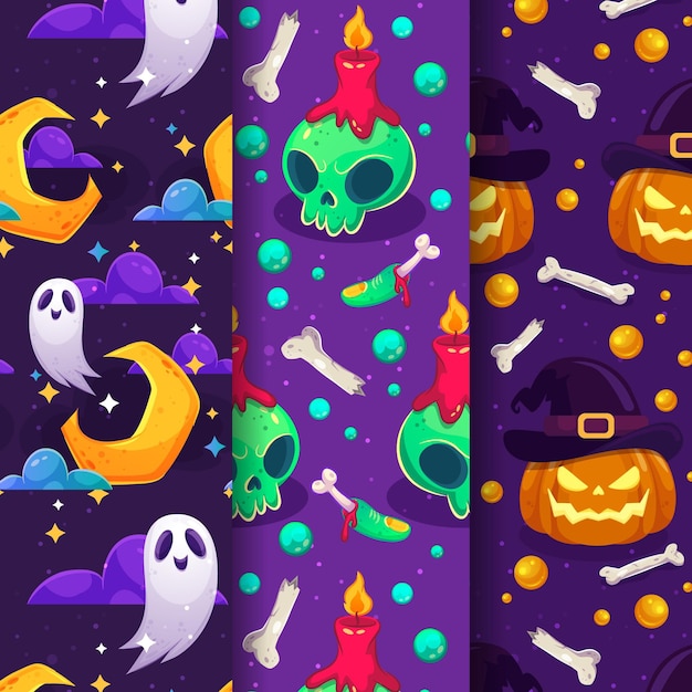 Hand drawn flat halloween patterns collection