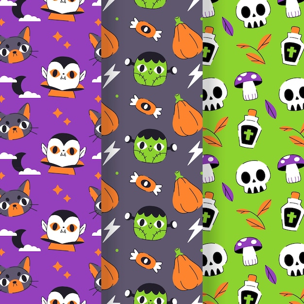 Hand drawn flat halloween patterns collection