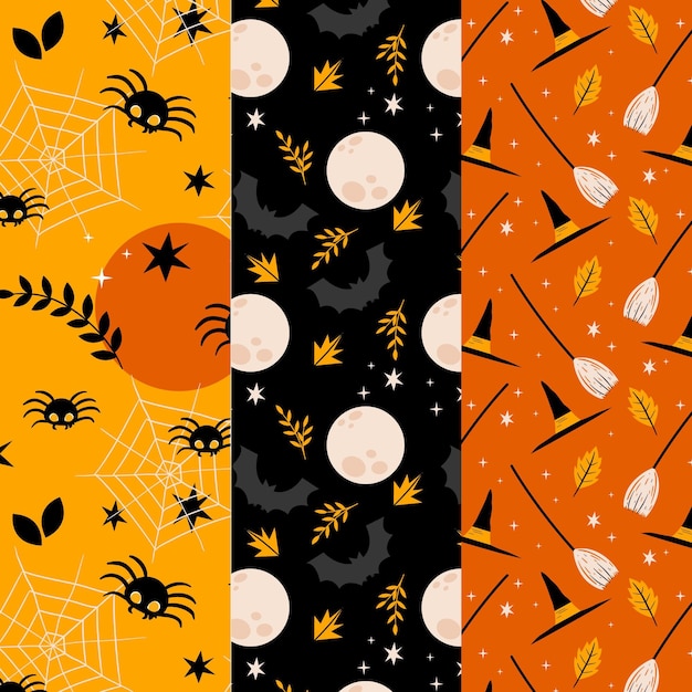 Hand drawn flat halloween patterns collection