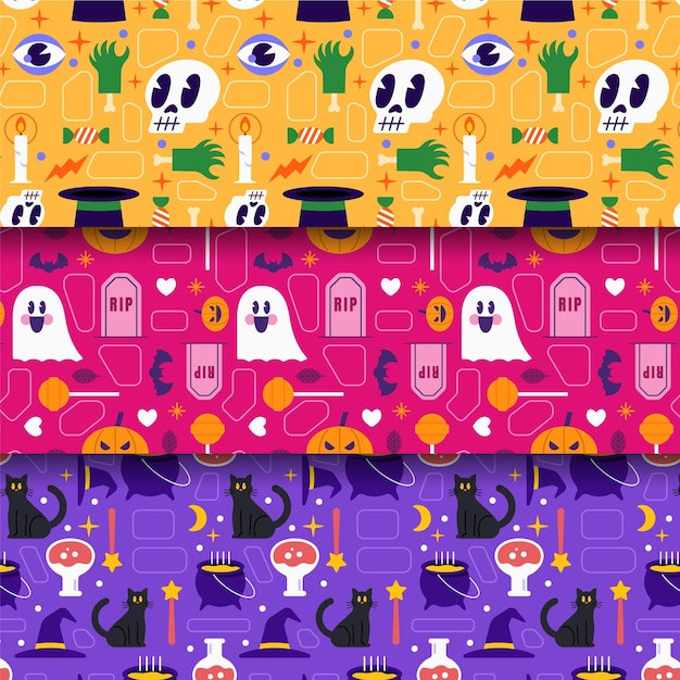 Hand drawn flat halloween patterns collection