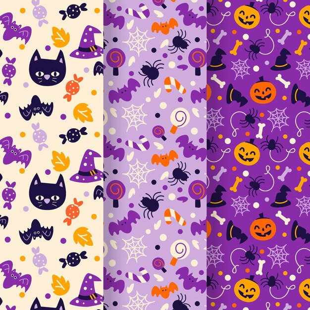 Hand drawn flat halloween patterns collection