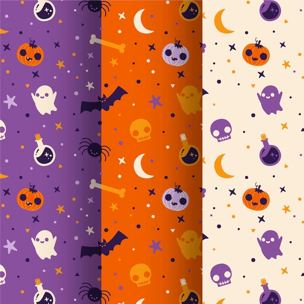 Hand drawn flat halloween patterns collection