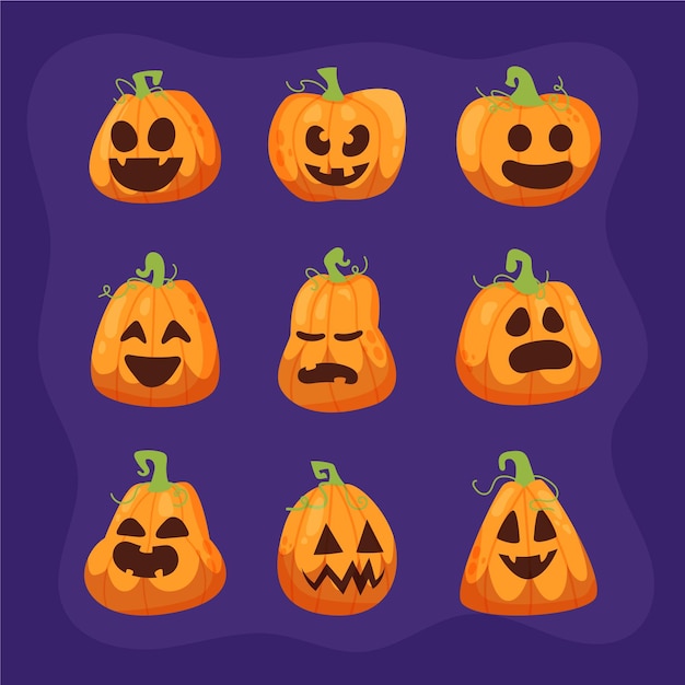 Hand drawn flat halloween pumpkins collection