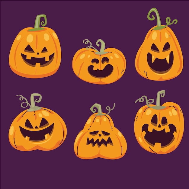 Hand drawn flat halloween pumpkins collection