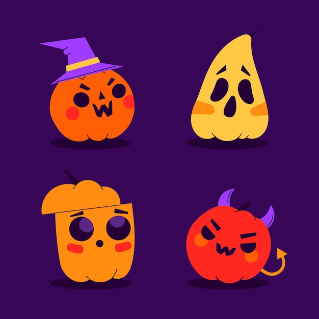 Hand drawn flat halloween pumpkins collection