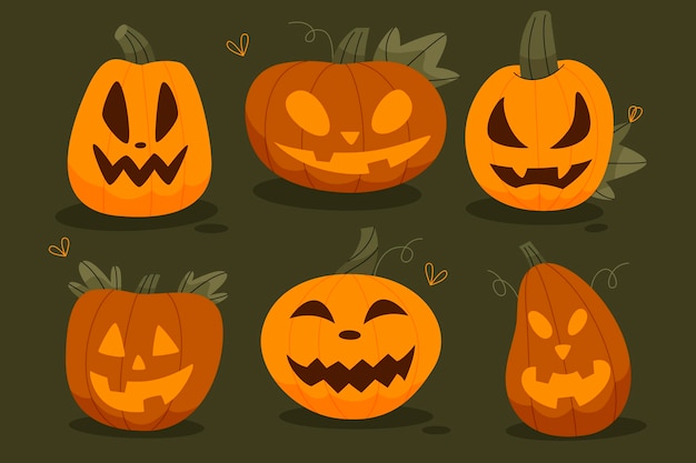 Hand drawn flat halloween pumpkins collection