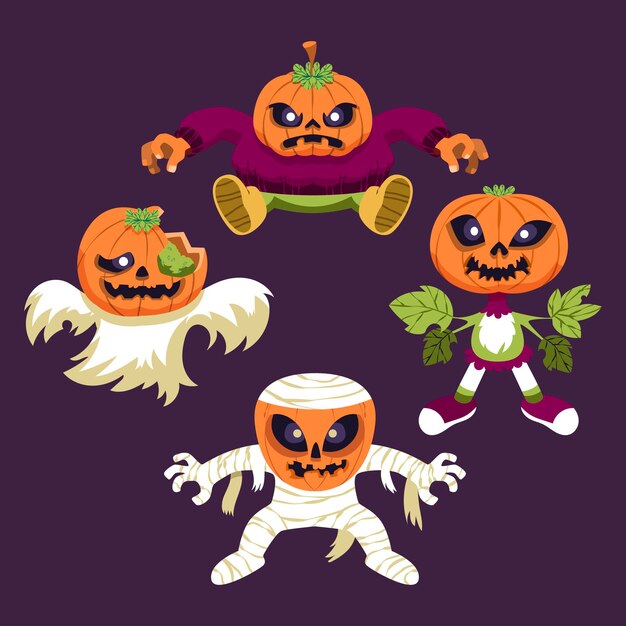 Hand drawn flat halloween pumpkins collection