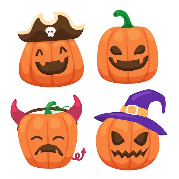 Hand drawn flat halloween pumpkins collection