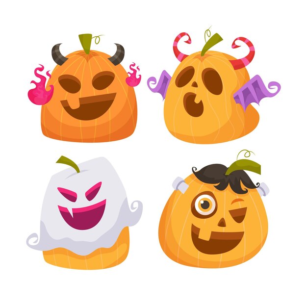 Hand drawn flat halloween pumpkins collection