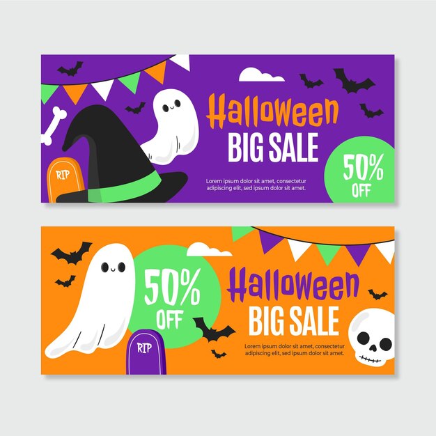 Hand drawn flat halloween sale banners set