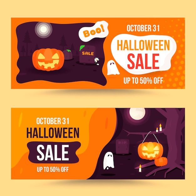 Free Vector hand drawn flat halloween sale banners set