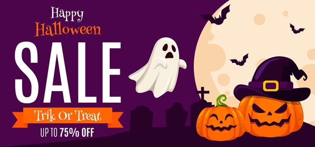 Hand drawn flat halloween sale horizontal banner