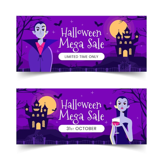 Hand drawn flat halloween sale horizontal banners set