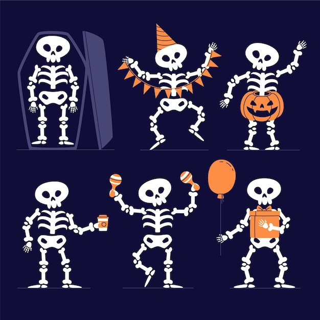 Hand drawn flat halloween skeletons collection