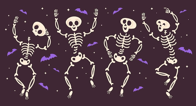 Hand drawn flat halloween skeletons collection