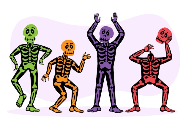 Free Vector hand drawn flat halloween skeletons collection