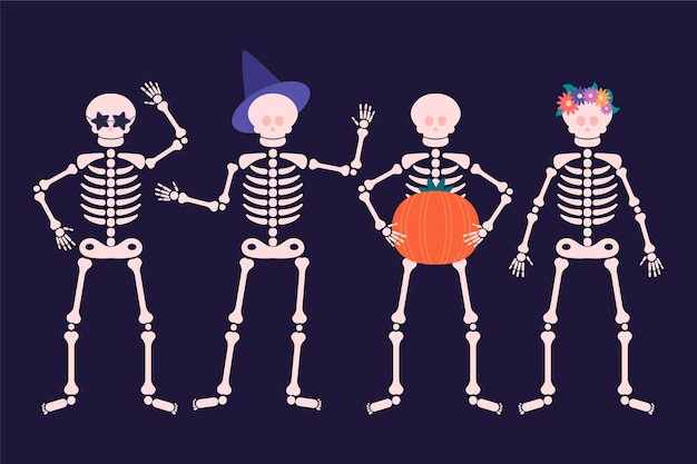 Hand drawn flat halloween skeletons collection