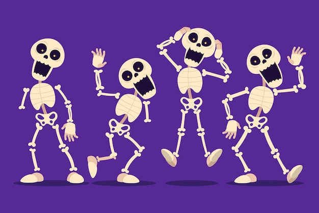 Hand drawn flat halloween skeletons collection