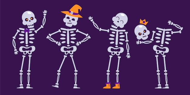 Hand drawn flat halloween skeletons collection