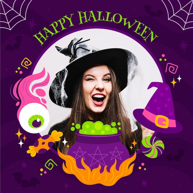 Hand drawn flat halloween social media frame template