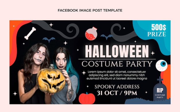 Hand drawn flat halloween social media post template