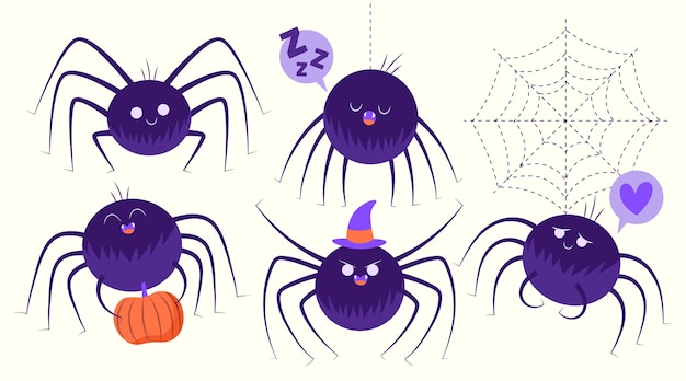 Hand drawn flat halloween spiders collection