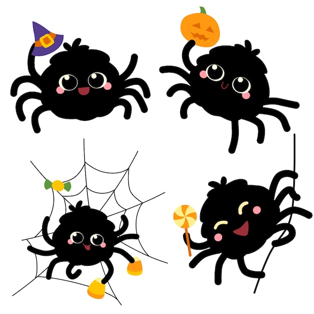 Hand drawn flat halloween spiders collection