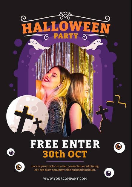 Hand drawn flat halloween vertical party flyer template with photo