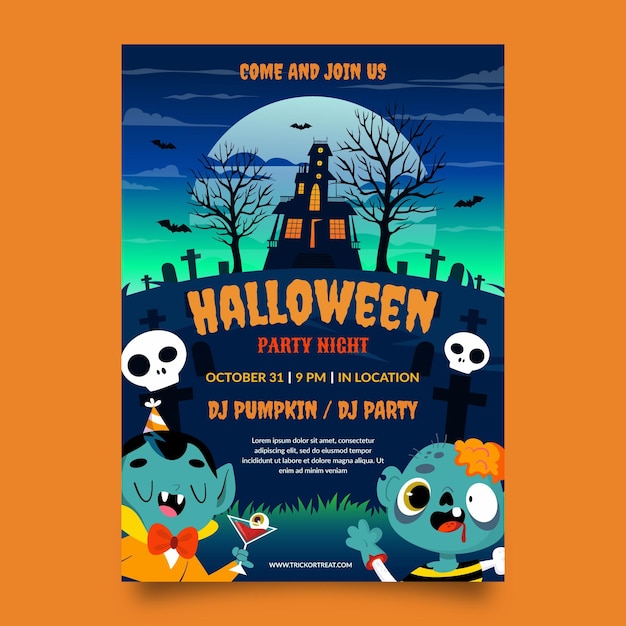 Hand drawn flat halloween vertical party poster template