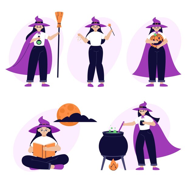 Hand drawn flat halloween witches collection