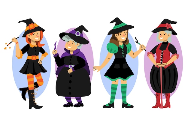 Free vector hand drawn flat halloween witches collection