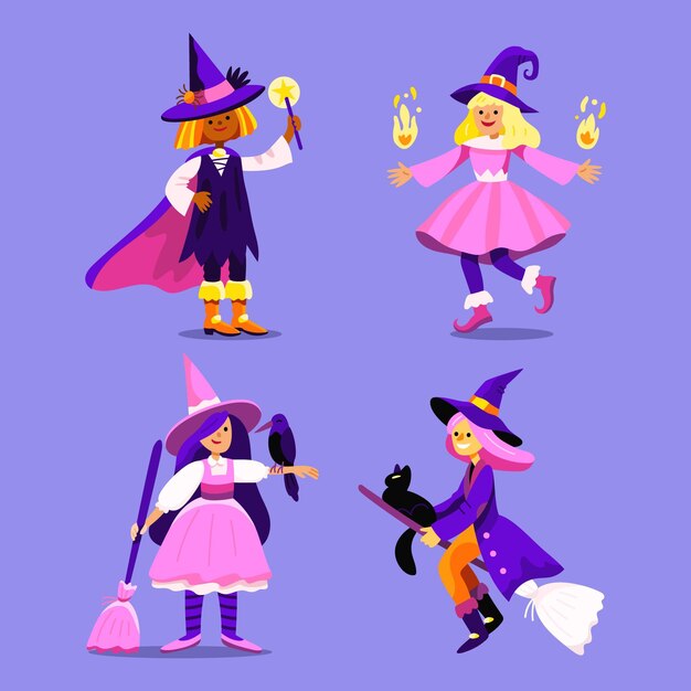 Hand drawn flat halloween witches collection